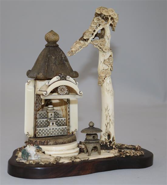 A Japanese ivory and bone model of a garden shrine, height 18.5cm